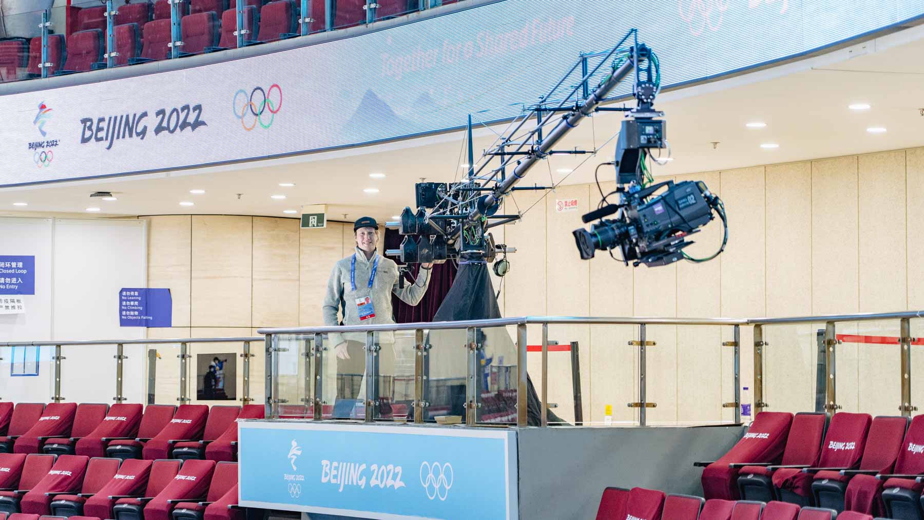 Brendan Schnurr operating jib at Beijing Olympics
